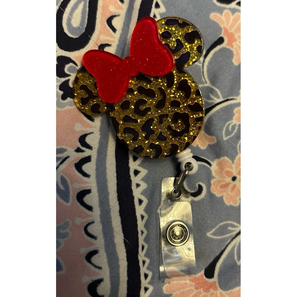 NEW Glitter Resin Clip On ID Badge Reel -Gold Cheetah Print Minnie Mouse Head